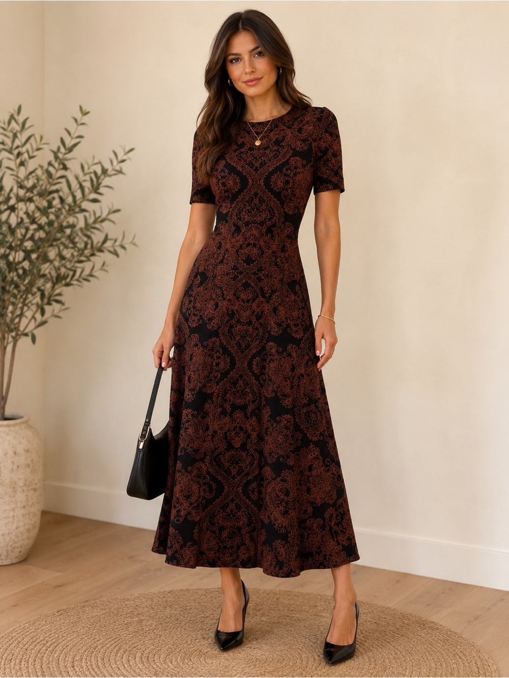 VICI Black Brown Baroque Print Knit Midi Dress Short Sleeve Fit & Flare Small
